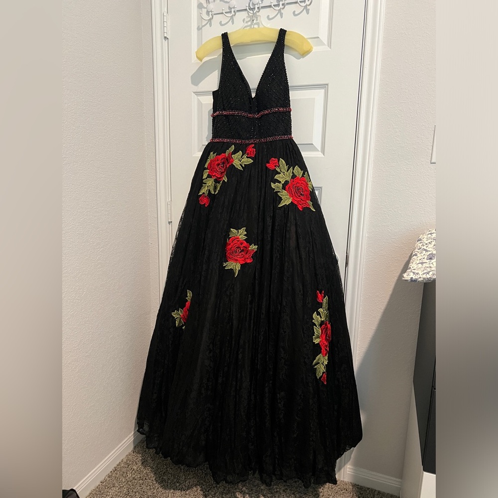 Sherri Hill Elegant Black Gown with Red Floral Embroidery & sequins